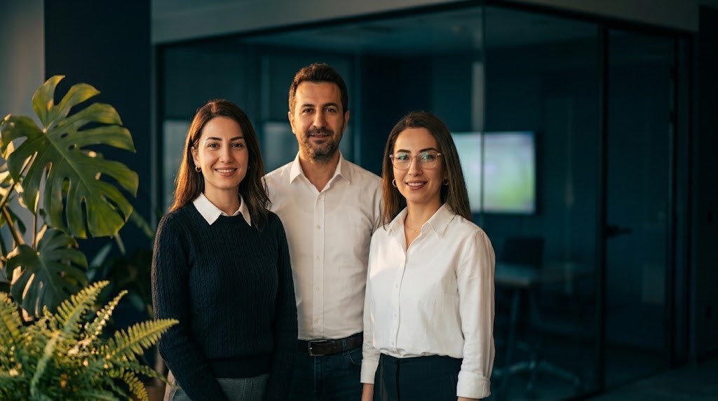 Ofiste kameraya gülümseyen üç İKSAP danışmanı, önde yeşil bitkiler
