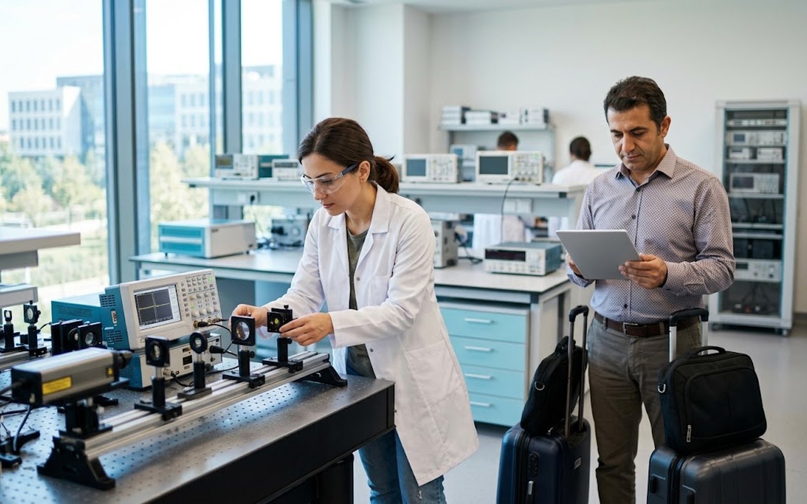 Araştırma laboratuvarında optik deney düzeneğinde çalışan araştırmacı ve yurt dışı seyahat onayını tabletten inceleyen meslektaşı