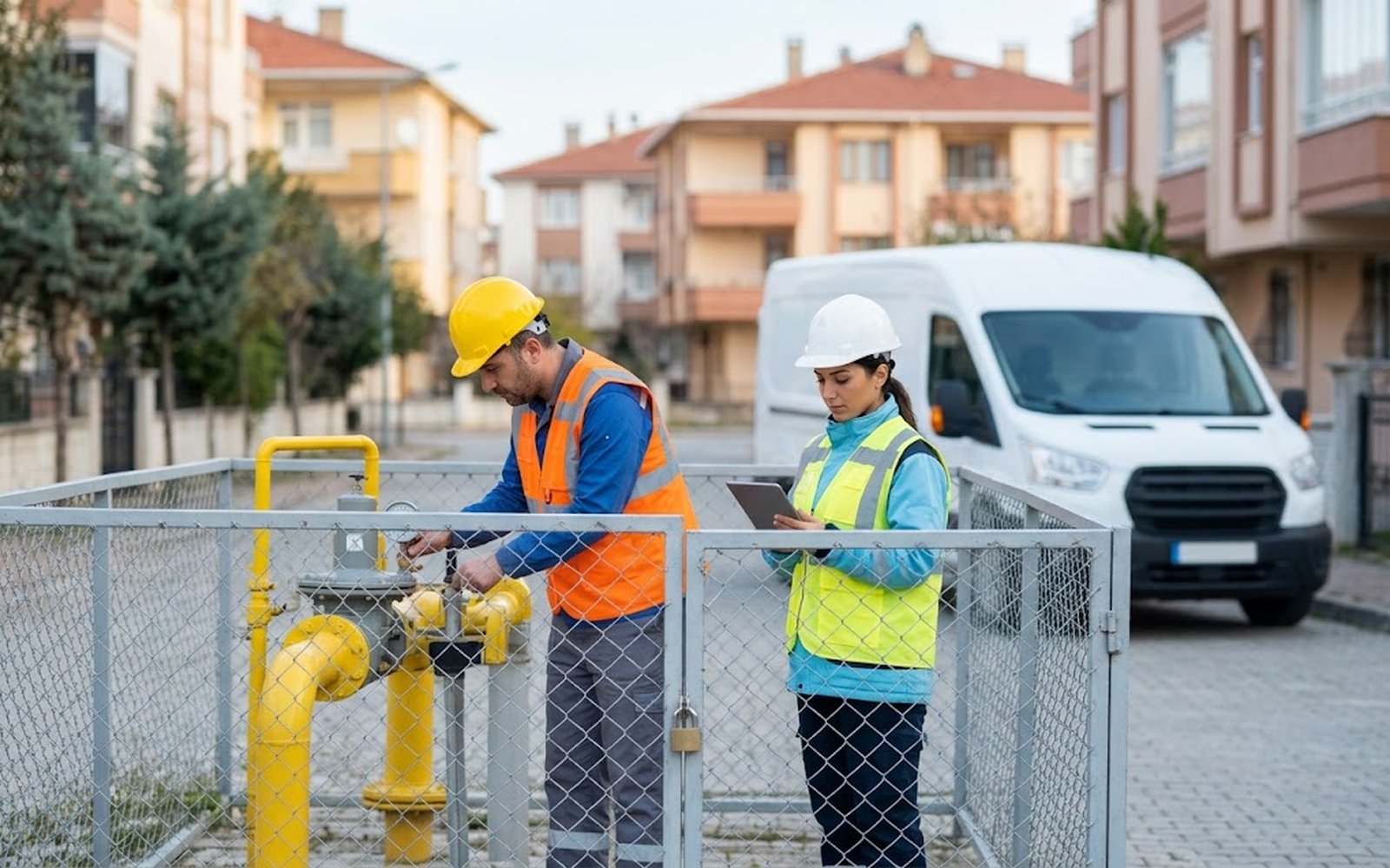 Doğal gaz basınç düşürme istasyonunda sayaç kontrolü yapan teknisyen ve iş emrini tabletten izleyen mühendis