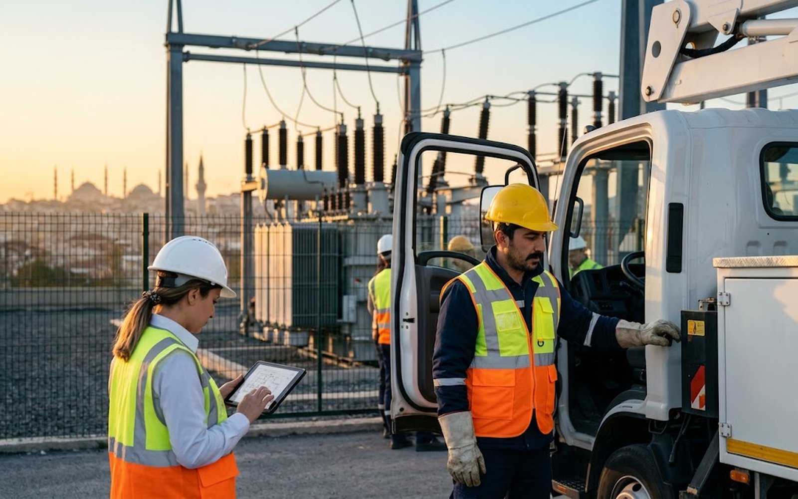 Elektrik trafo merkezinde saha ekibi ve onay sürecini tabletten izleyen saha sorumlusu