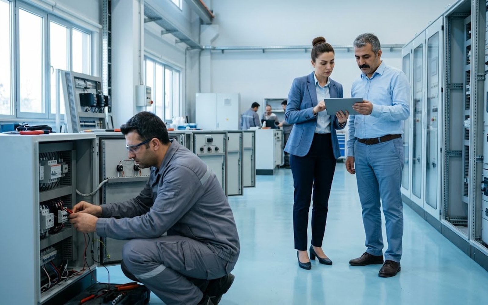 Elektrik pano üretim alanında kablolama yapan teknisyen ve personel planını tabletten inceleyen İK uzmanı ile üretim müdürü