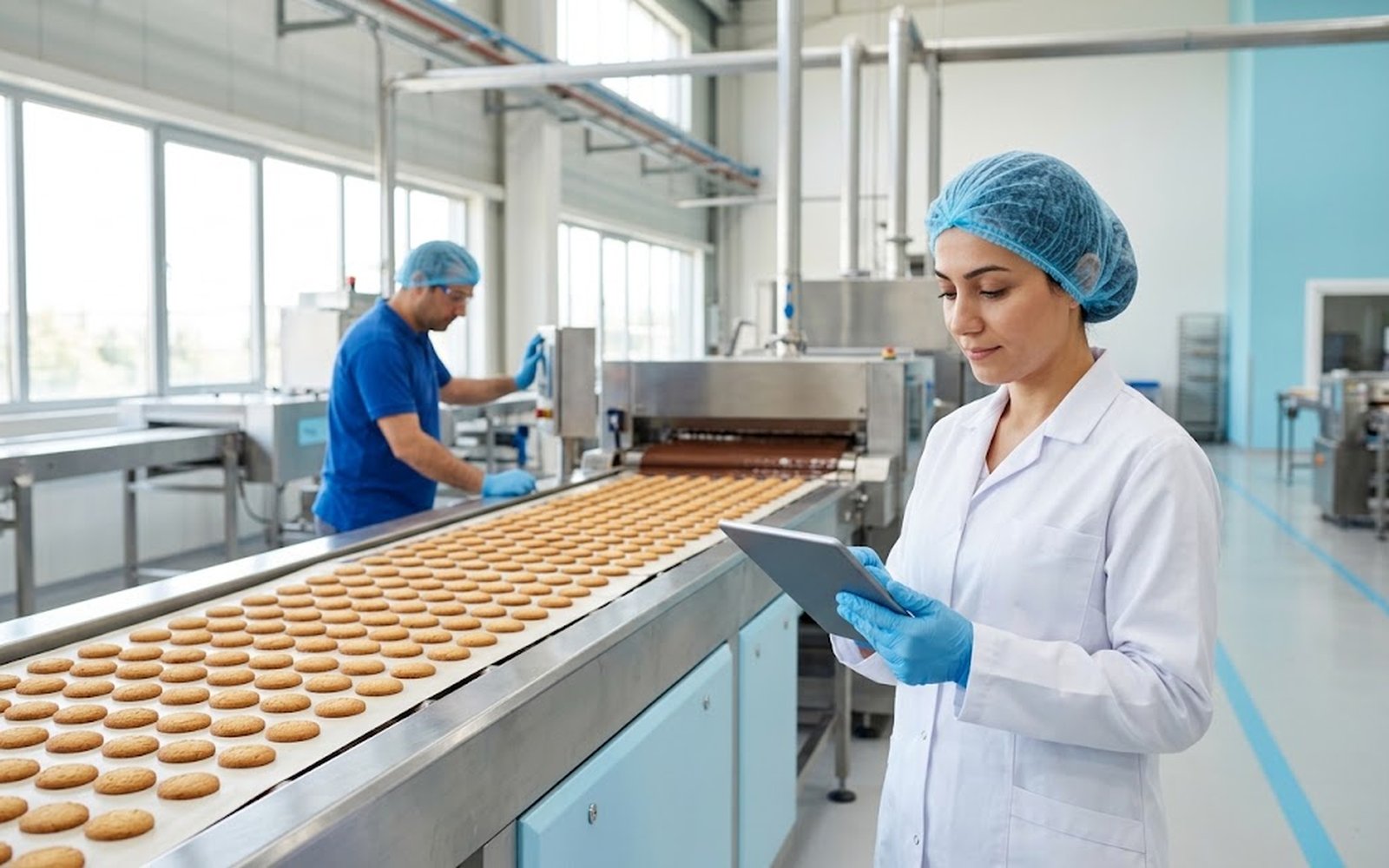 Bisküvi üretim hattında tablet ile kontrol yapan üretim sorumlusu