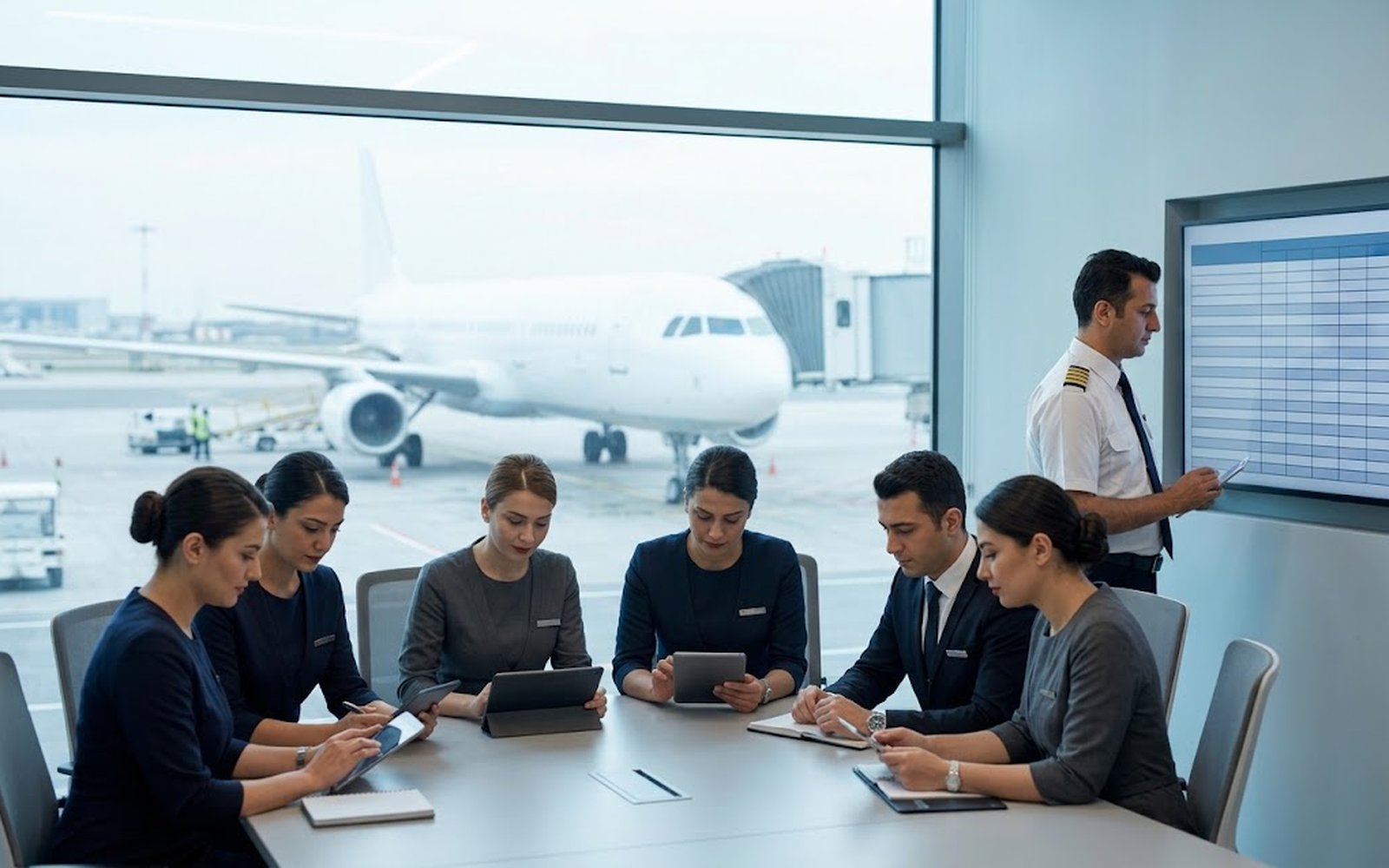 Havalimanı brifing odasında görev çizelgesini inceleyen kabin ekibi ve pilot