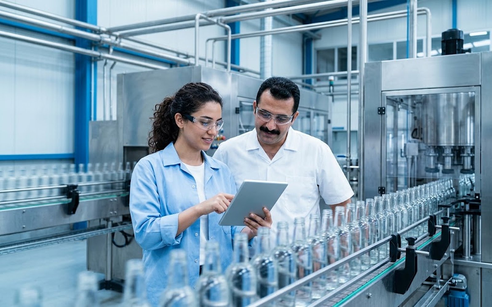 İçecek dolum hattında tablet üzerinden üretimi değerlendiren mühendis ve vardiya sorumlusu