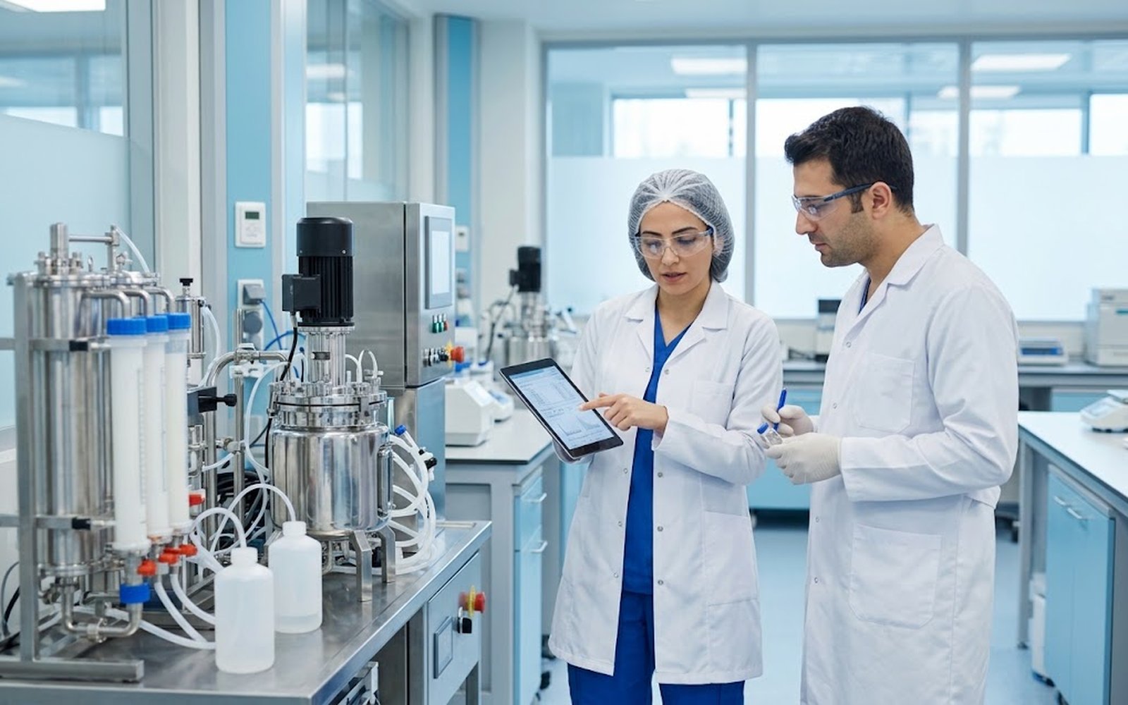 İlaç laboratuvarında tablet üzerinden sonuçları değerlendiren iki araştırmacı