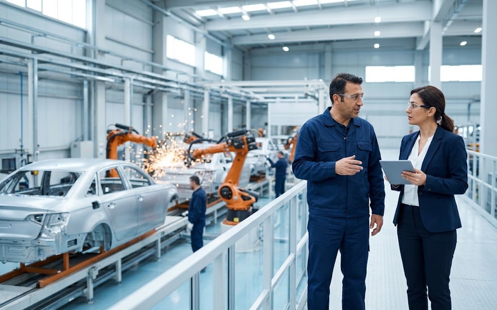 Otomobil fabrikasında kaynak hattının yanında konuşan takım lideri ve tabletli İK iş ortağı