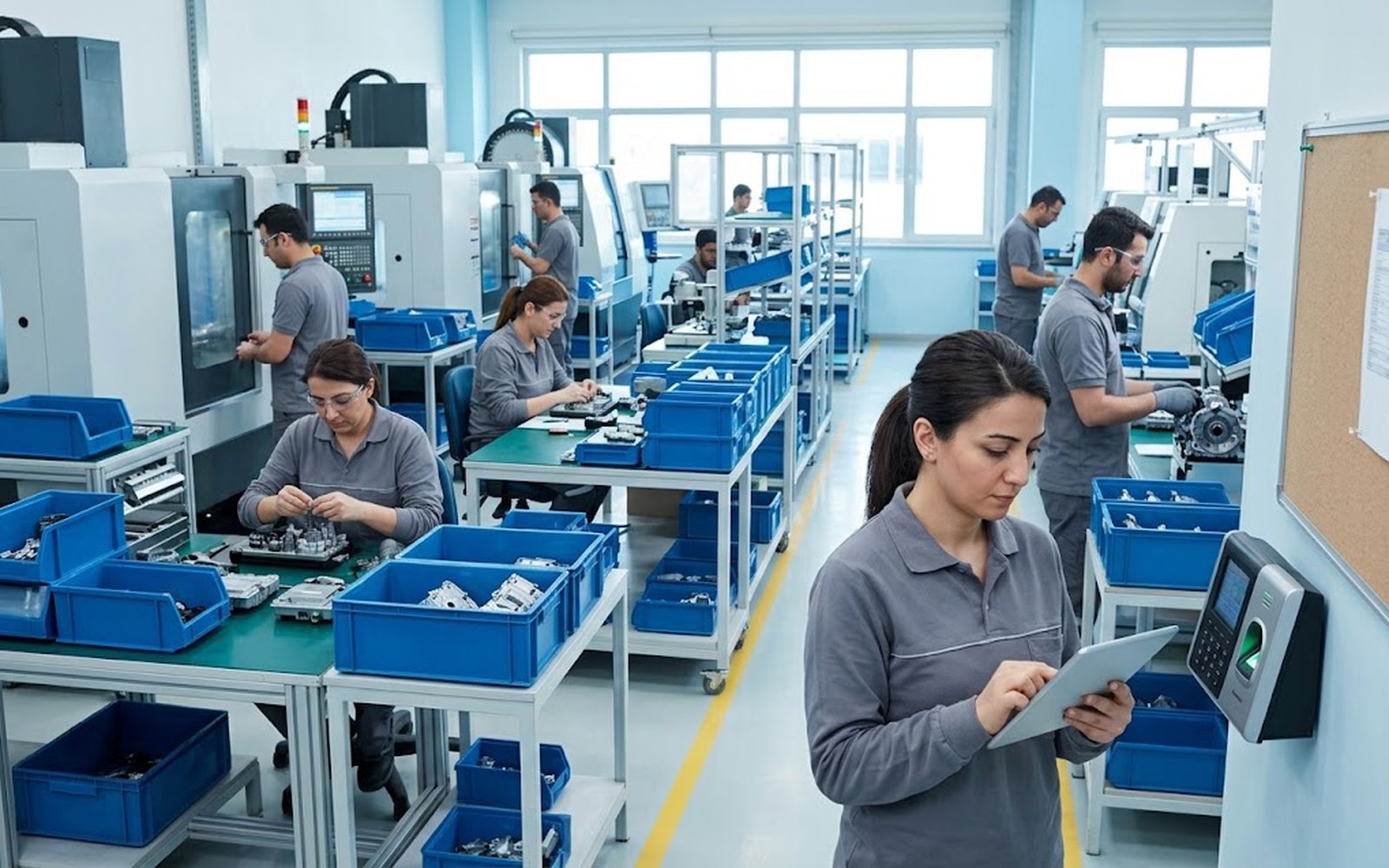 Otomotiv yan sanayi fabrikasında vardiya çizelgesini kart okuyucunun yanında tabletten kontrol eden üretim planlamacısı