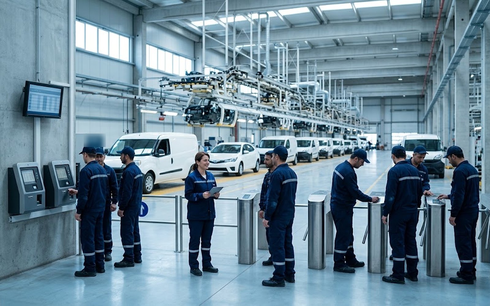 Otomotiv montaj fabrikasında vardiya değişiminde kart okuyuculardan geçen çalışanlar ve tabletli vardiya sorumlusu