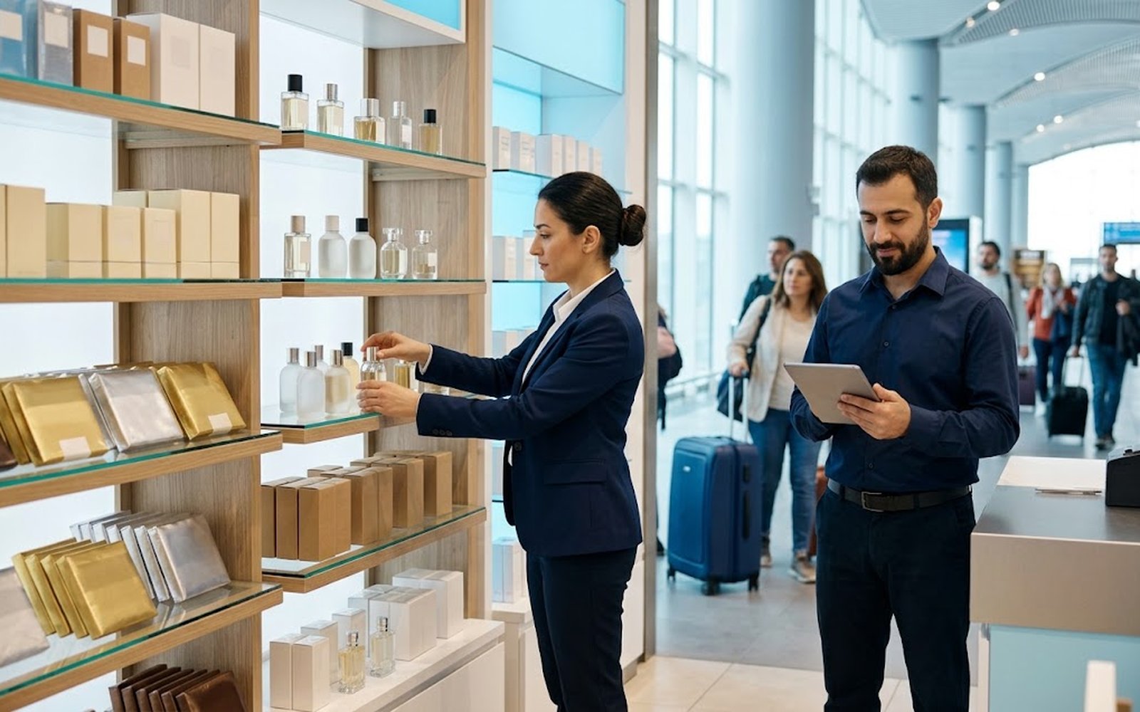 Havalimanı mağazasında rafları düzenleyen satış danışmanı ve vardiya planını tabletten izleyen sorumlu