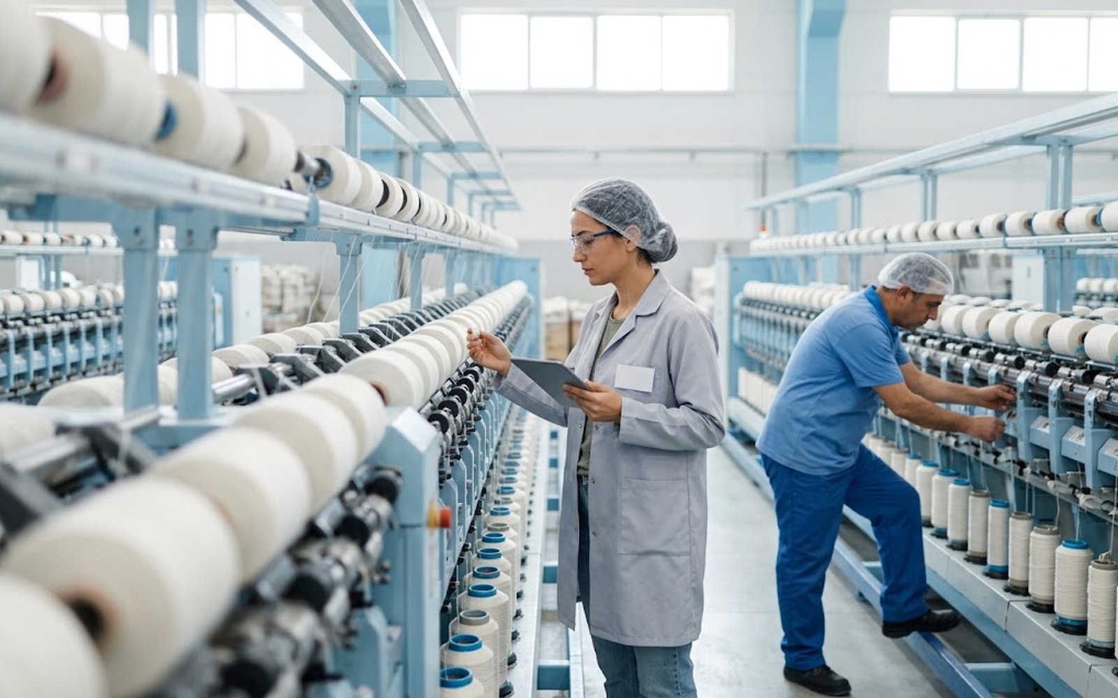 İplik fabrikasında tabletle iplik kalitesini kontrol eden tekstil mühendisi ve makine operatörü