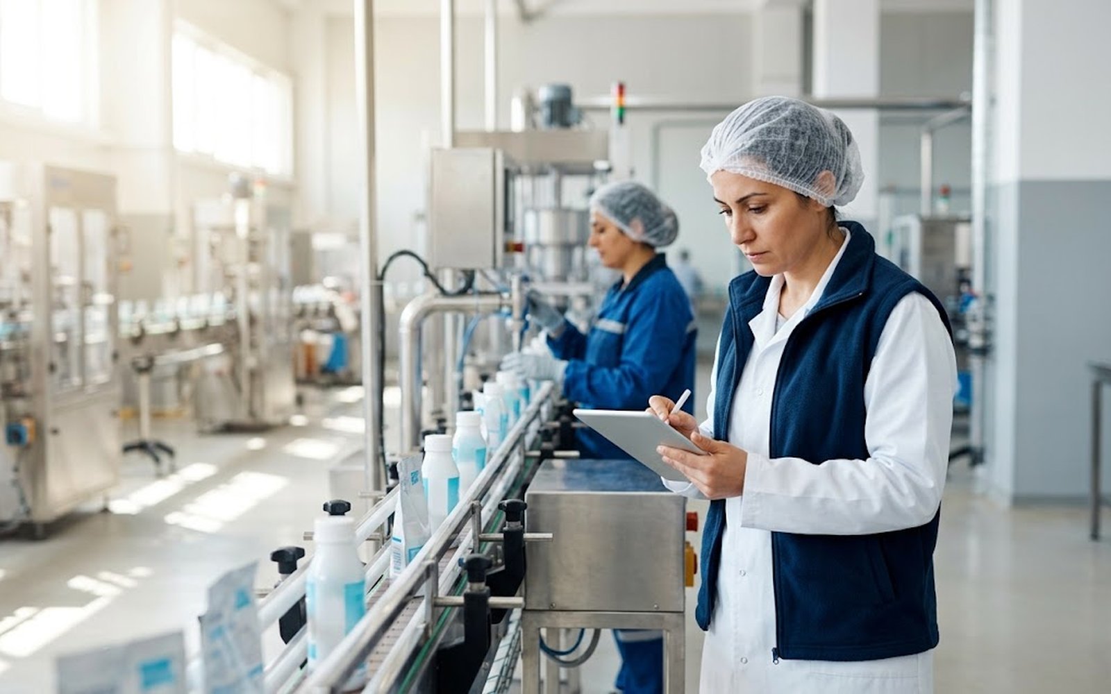 Temizlik ve kişisel bakım ürünleri dolum hattında tablet ile kalite kontrolü yapan çalışan